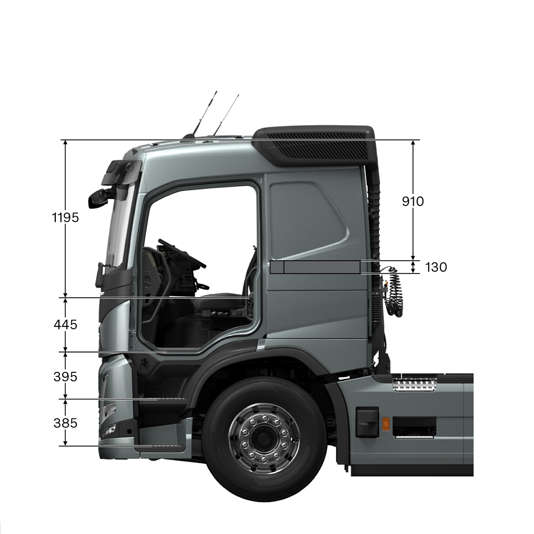 Volvo FM sleeper cab with measurements, viewed from the side